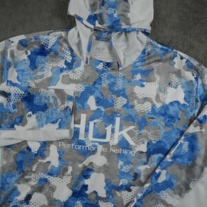 Huk Performance Fishing Hoodie Mens XXL Blue Camo Long Sleeve Sun Shirt
